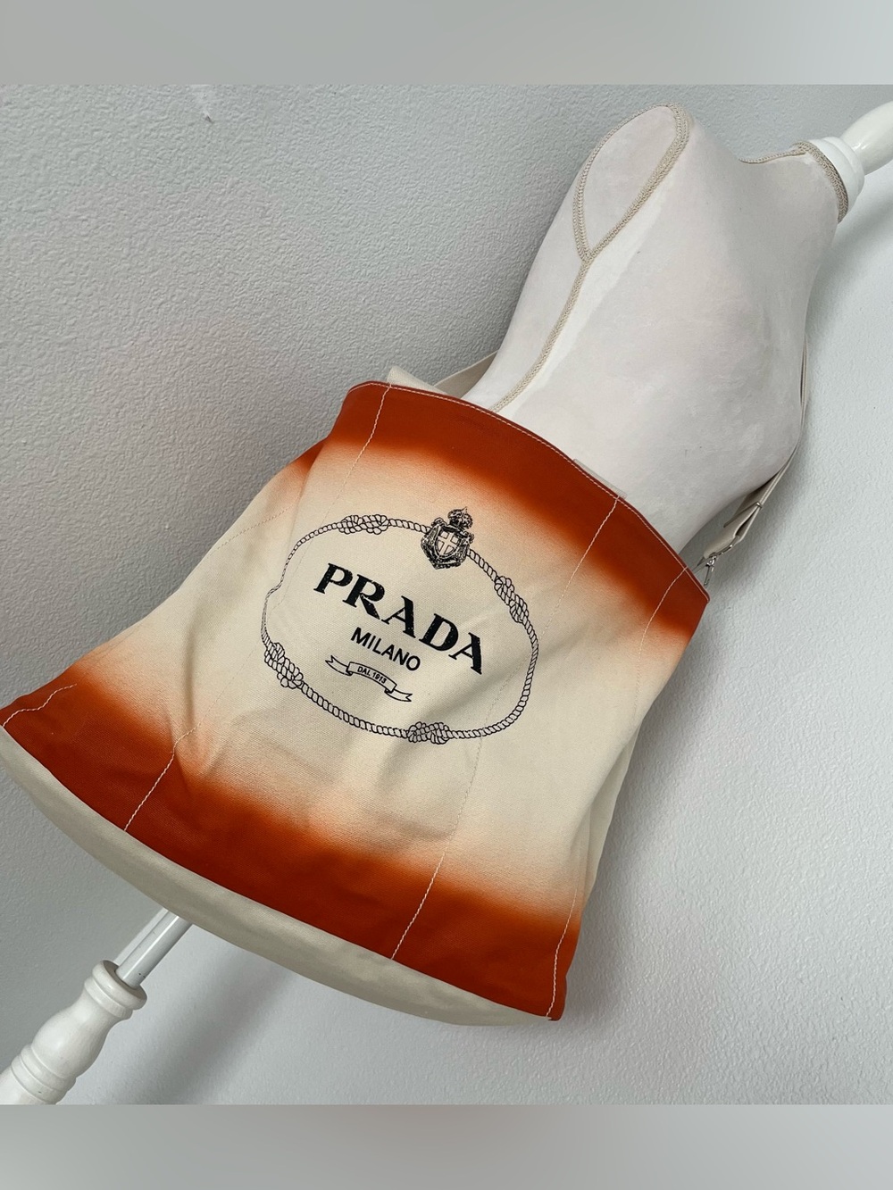 Prada Canapa Ombré Travel Tote w/ Crossbody Long Strap NWOT Grezzo Papay Canvas